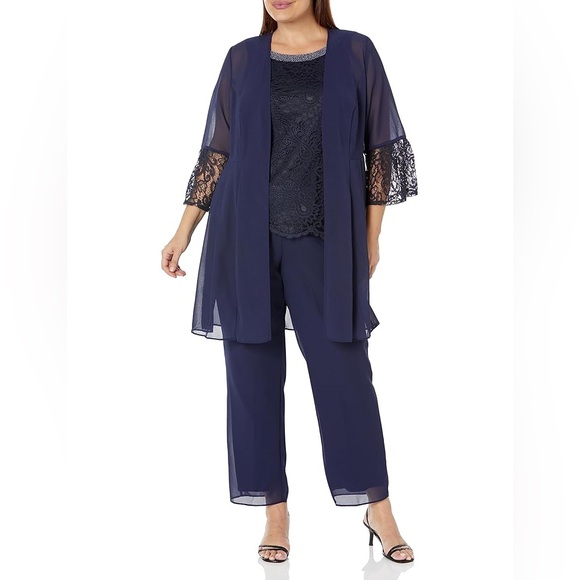 Le Bos 3-Piece Pants Suit Navy Blue Duster Length Women’s Size 18W Plus Wedding - Picture 1 of 16
